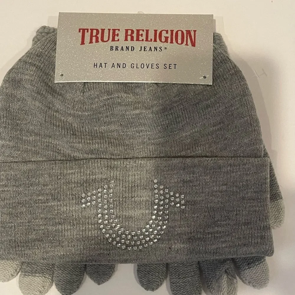 True Religion Gray Knit Beanie and matching gloves